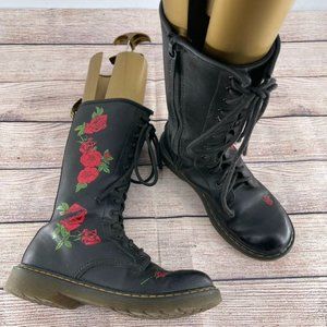 Dr. Martens Womens Size 5 Black Vonda Leather Rose Tall Lace Up Boots
